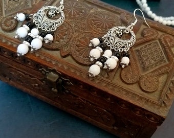Vintage earrings with silver inserts Black and white beaded earrings Long dangle earrings Ukrainian ethnic jewelry Boho jewelry from Ukraine