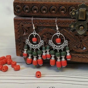 Vintage Red Green Stud Earrings Ukrainian Craftsmen Ceramic Earrings Long Dangle Earrings Ukrainian Ethnic Jewelry Boho