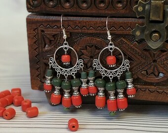 Vintage Red Green Stud Earrings Ukrainian Craftsmen Ceramic Earrings Long Dangle Earrings Ukrainian Ethnic Jewelry Boho