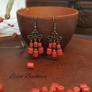 Vintage Earrings with Antique Bronze Inserts Red Ceramic Earrings by Ukrainian Craftsmen Long Dangle Earrings Ukrainian Ethnic Jewelry Boho
