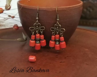 Vintage Earrings with Antique Bronze Inserts Red Ceramic Earrings by Ukrainian Craftsmen Long Dangle Earrings Ukrainian Ethnic Jewelry Boho