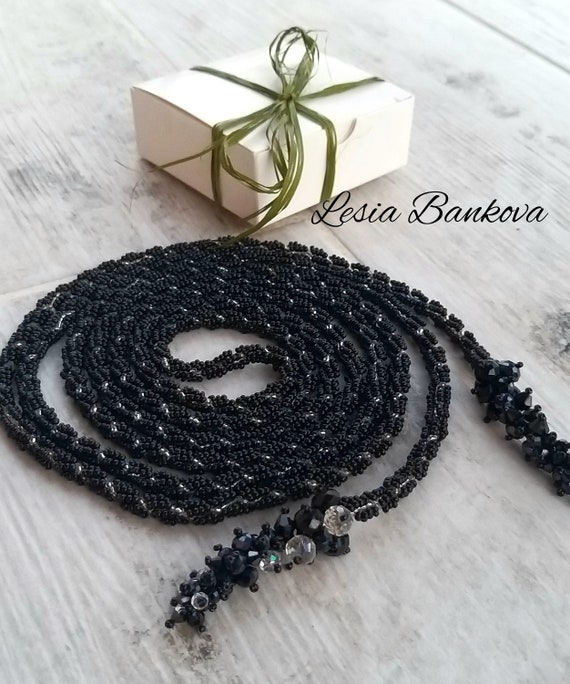 Handmade Black Bead Lariat Belt Necklace: Czech Glass Beads 