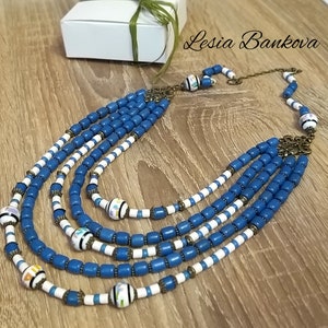 blue necklace Multi-row necklace Necklace from Ukraine Ceramic necklace Ethnic necklace Ukrainian products Handmade necklace