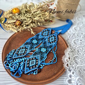 Ukrainian beaded necklace, beaded jewelry, striped beaded necklace, tie necklace, ribbon necklace, necklace with ornament, Ukrainian folk