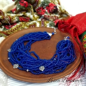 Bead Necklace Blue Multi Row Necklace UKraine Traditional Shirt Necklace Gift for Women.  traditional Ukrainian bead necklace