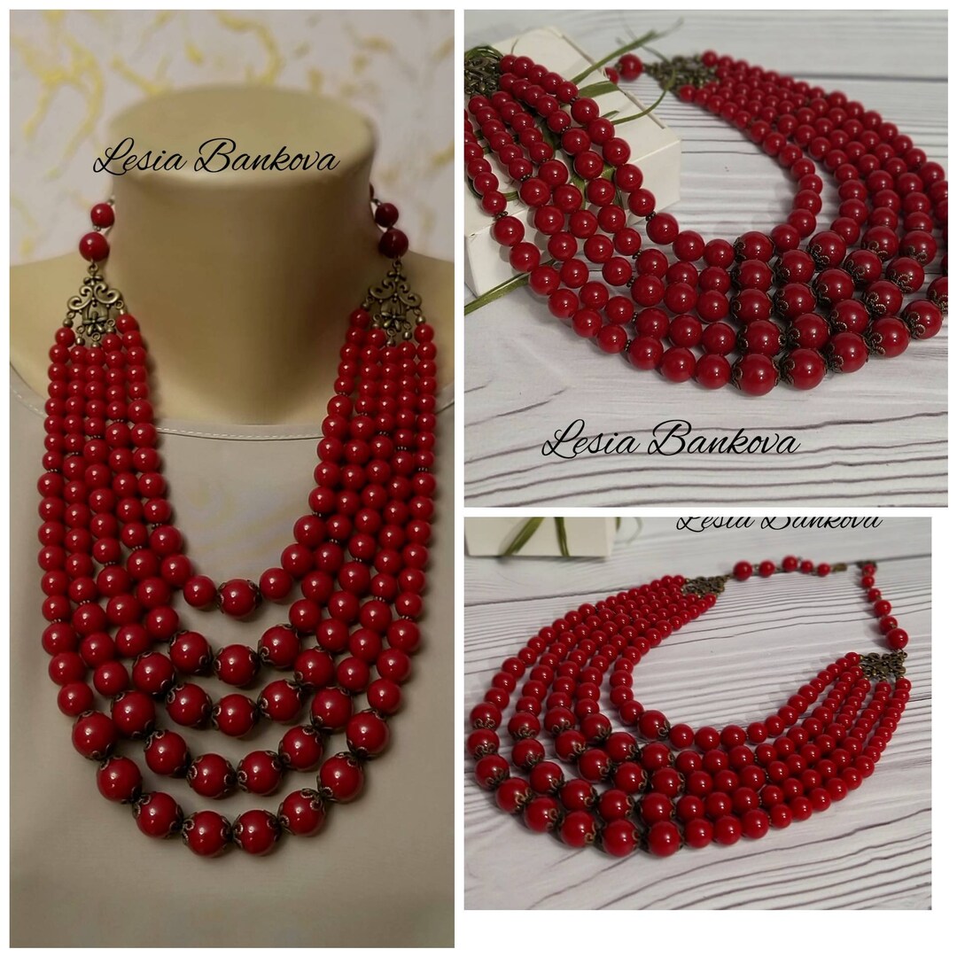 Red Traditional Ukrainian Bead Necklace Ukrainian Gherdan Folk Etsy