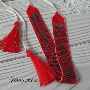 Red folk Ukrainian necklace. Necklace &quot;Peasant&quot;, handmade necklace. Necklace with tassels. Beaded necklace with bambonas red choker-ring