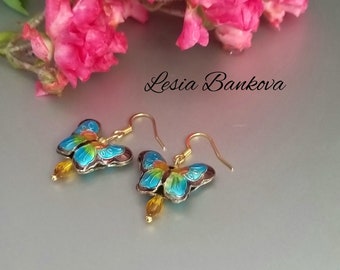 Handmade Small Butterfly Earrings Beaded Butterflies Earrings Blue Gift for Her Elegant Small Handmade Earrings cloisonné  Beads