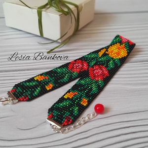 Handmade bead necklace Choker with roses Ukrainian jewelry Black choker Ukrainian necklace