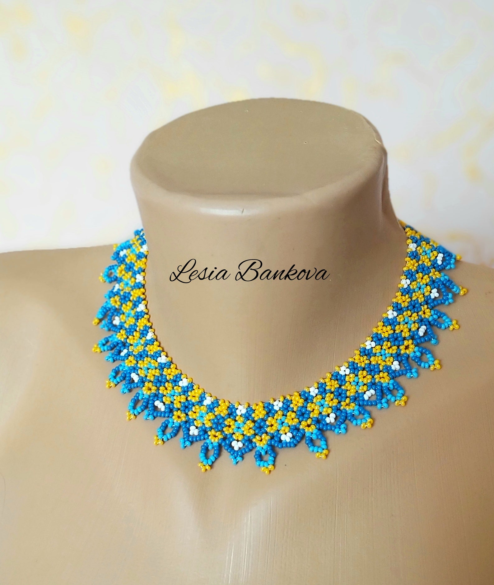 Handmade Beaded Necklace Ukrainian Silyanka Blue and Yellow Etsy