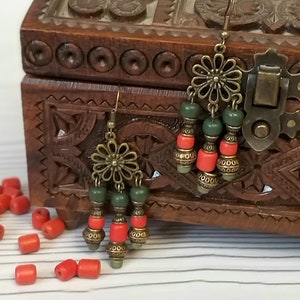 Vintage Earrings with Antique Bronze Inserts Red Ceramic Earrings by Ukrainian Craftsmen Long Dangle Earrings Ukrainian Ethnic Jewelry Boho