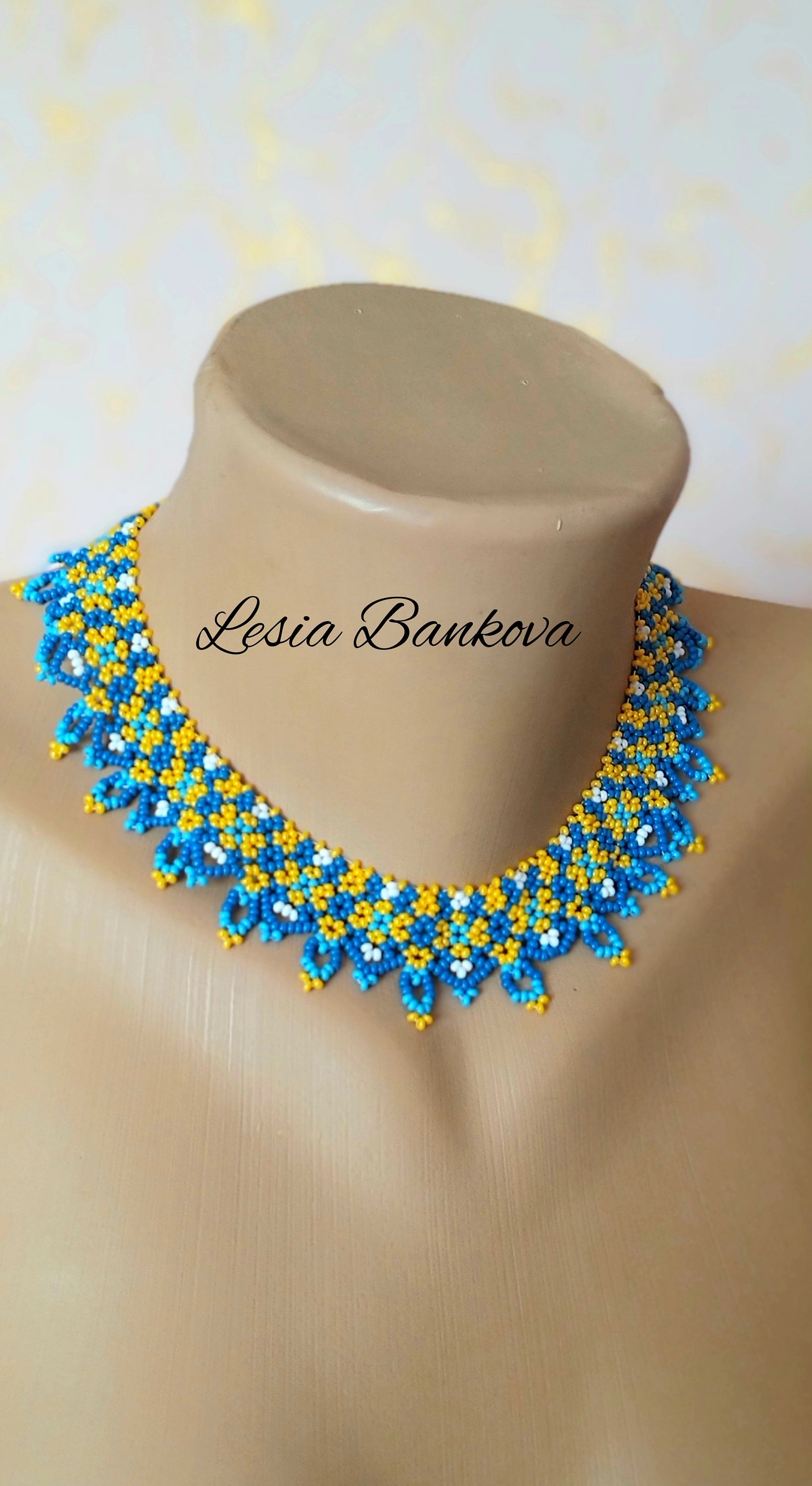 Handmade Beaded Necklace Ukrainian Silyanka Blue and Yellow Etsy