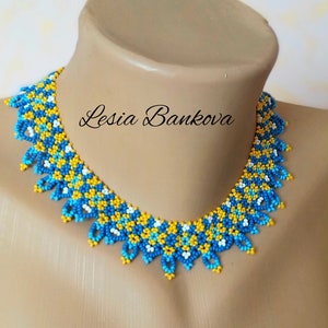 Handmade beaded necklace Ukrainian Silyanka Blue and yellow Ethno beaded necklace