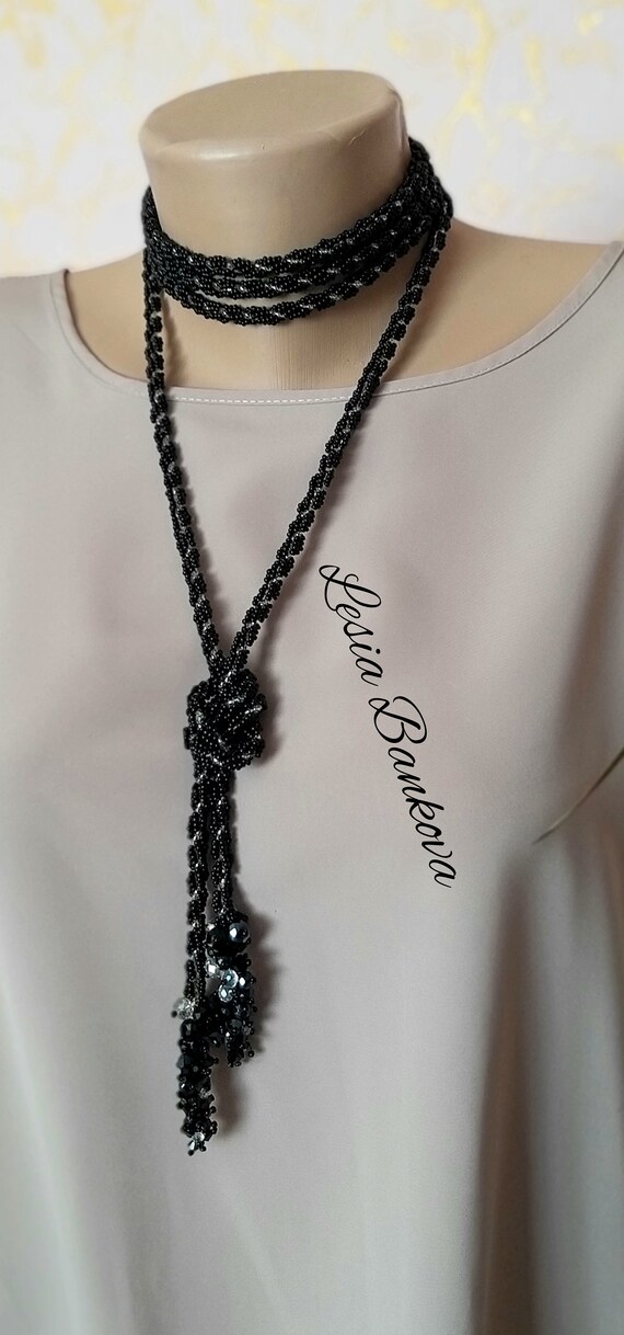 Black Glass Beaded Chain Belt Handmade Black Bead Lariat Belt Necklace: Czech Glass Beads  main image 3