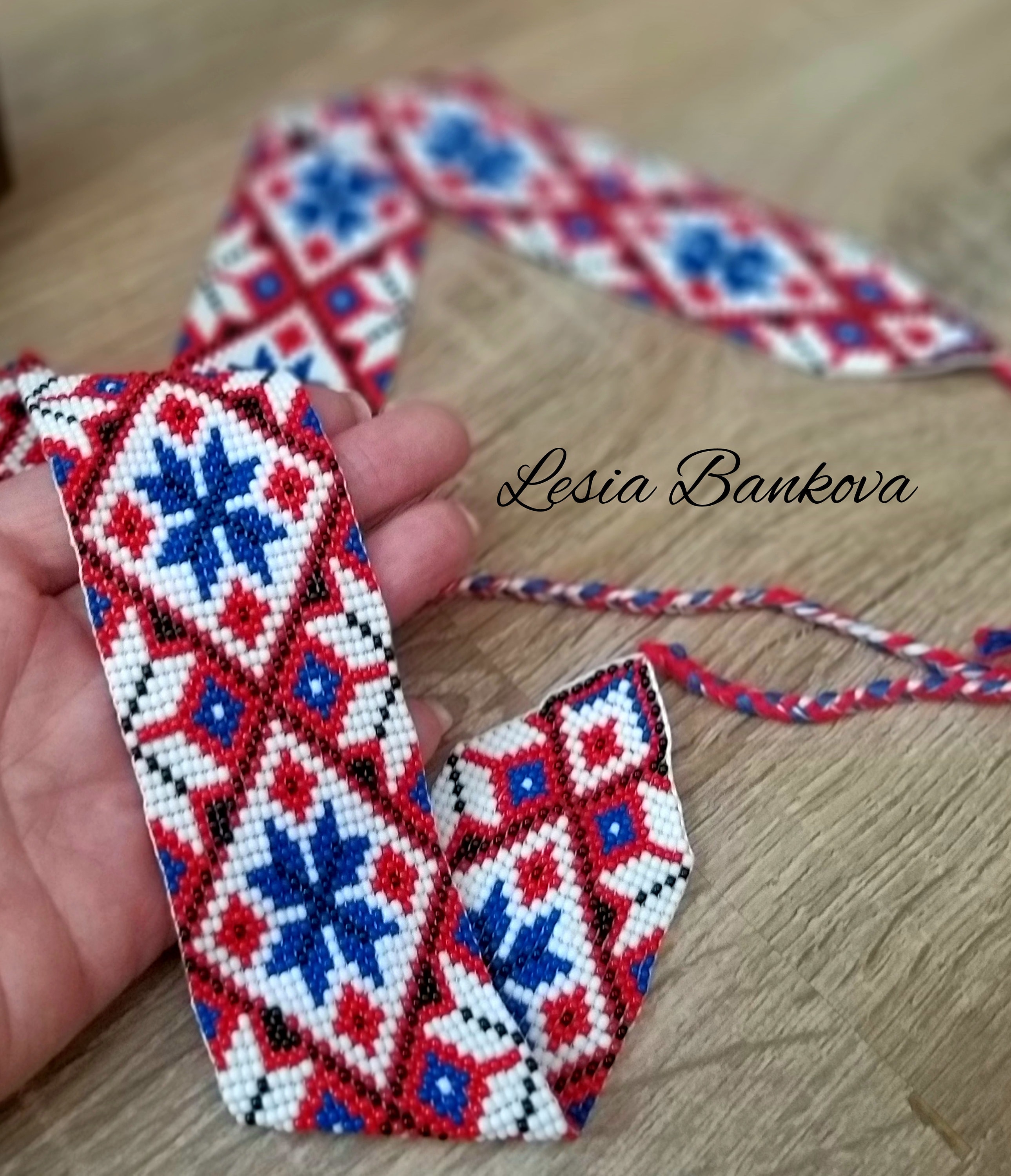 Handmade Beaded Waist Belt: Czech Glass Beads, Blue & Red - Etsy display picture 2