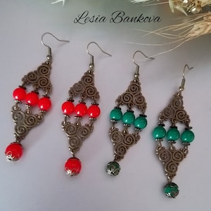 Vintage Antique Bronze Stud Earrings Ukrainian Master Red Beads Earrings Long Dangle Earrings Ukrainian Ethnic Jewelry Boho