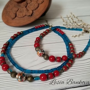 turquoise and red necklace Multi-row necklace Necklace from Ukraine Ethnic necklace Ukrainian products Handmade necklace