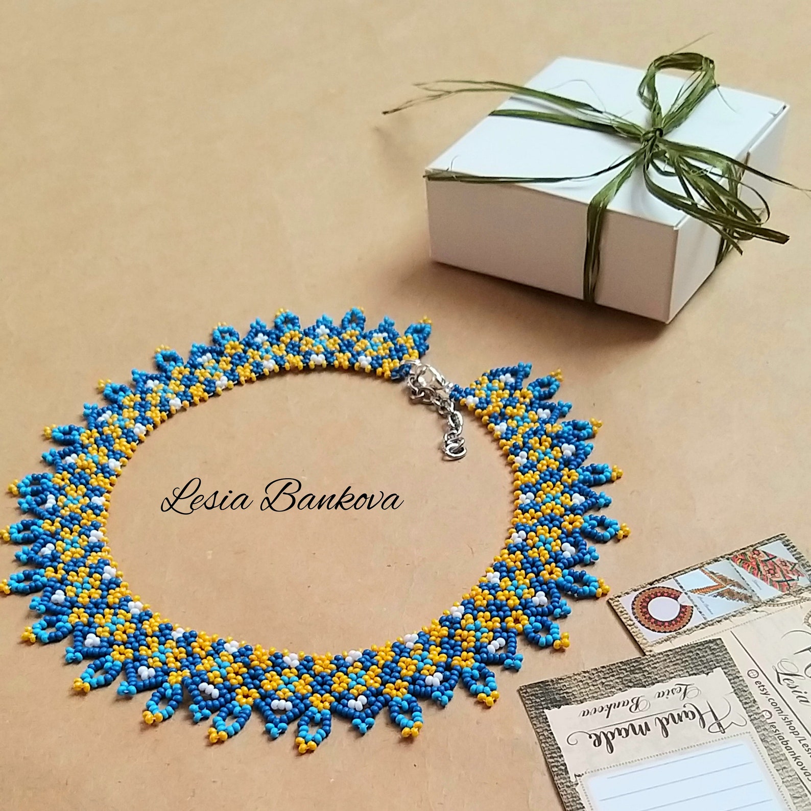 Handmade Beaded Necklace Ukrainian Silyanka Blue and Yellow Etsy