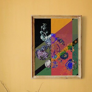 May include: A dining room with a yellow wall and a wooden floor. There is a white chair with a furry seat, a wooden bench with a vase and a few framed prints, and a large framed print of a colorful floral arrangement.