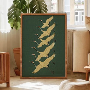 Emerald Cranes Japanese Art Print: Gold Accent Bird Wall Decor (Digital Download