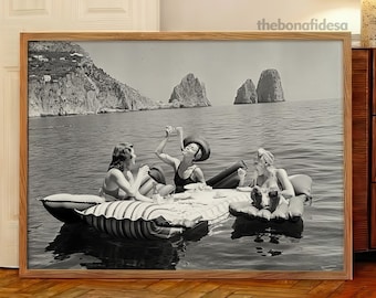 Women Eating Pasta Print: Retro Capri Picnic, Funny Lake Poster, Vintage Spaghetti Wall Decor