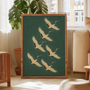 Emerald Cranes Japanese Art Print: Gold Accent Bird Wall Decor (Digital Download)