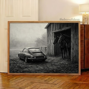Vintage Car and Horses Print - Black and White Classic Wall Art
