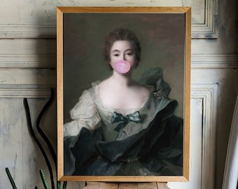 Bubblegum Portrait Art Print, Altered Vintage Painting (Digital Download)