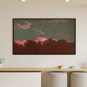Televisor Samsung con marco, paisaje surrealista, decoración maximalista, impresiones de arte mural melancólico, póster de pintura al óleo vintage, decoración de Dark Academia, estilo ecléctico alterado.