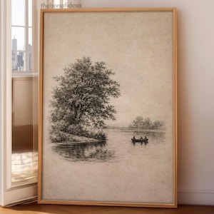 Vintage Oak Tree Etching, Square Printable with Sage Green Mat, Antique Forest Drawing Print, Landscape Sketch, Dark Green Wall Art, A4