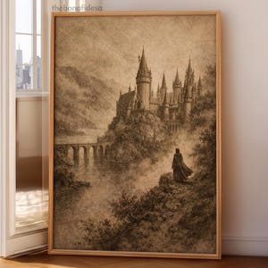 魔法学校の城のスケッチ：ファンタジーな壁アート、ヴィンテージの文学プリント、読書コーナーの装飾