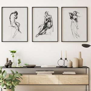 Female Figure Sketch Art Set Of 3, Gallery Wall Set, Sketch Print, Abstract Minimalist Wall Art, Vintage Art, Line Art, Antique Art Sketches