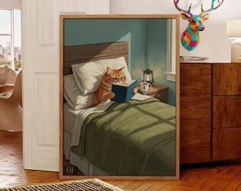 Ginger Cat Reading Book In Bed Art Print