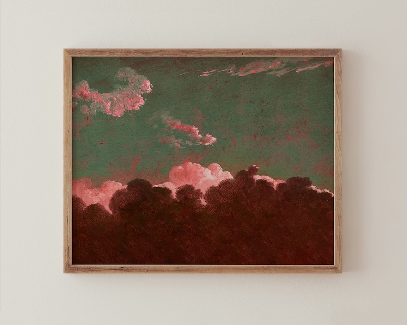 May include: A framed painting of a dark green sky with pink clouds. The clouds are clustered together in the bottom half of the painting, with a few wispy clouds in the top half.