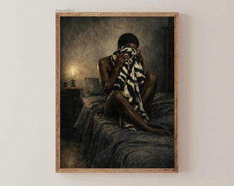 Afro Woman Portrait Printable Wall Art, Moody Figurative Fine Art Print