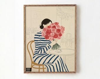 Girly Wall Art, Woman with Flowers Print, Minimalist Red and Pink Illustration, Feminine Modern Digital Poster, Chic Wall Decor for Bedroom