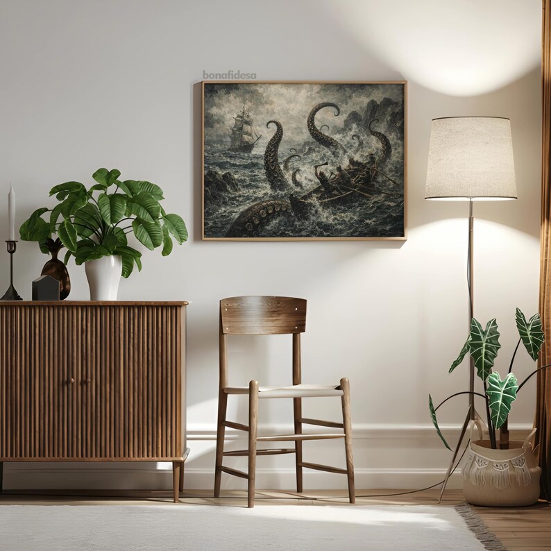 May include: A framed print depicts a dramatic sea battle scene with a ship and a boat under attack by a giant octopus. The artwork is in shades of gray and brown, with a wooden frame. The print hangs on a white wall above a wooden cabinet.