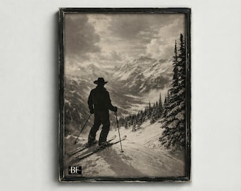 Vintage Cowboy Ski Poster Wall Art, Vintage Black and White Ski Magazine Photo, Jackson Hole Ski Lodge Art Print, Printable Digital Download