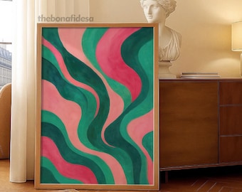 Retro Wavy Abstract Wall Art Print: Pink and Green Mid Century Poster