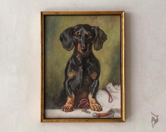 Vintage Dog Painting, Dog Portrait, Vintage Dachshund Painting, Antique Pet Portrait Oil Painting, Puppy Wall Art, British Whimsical Print