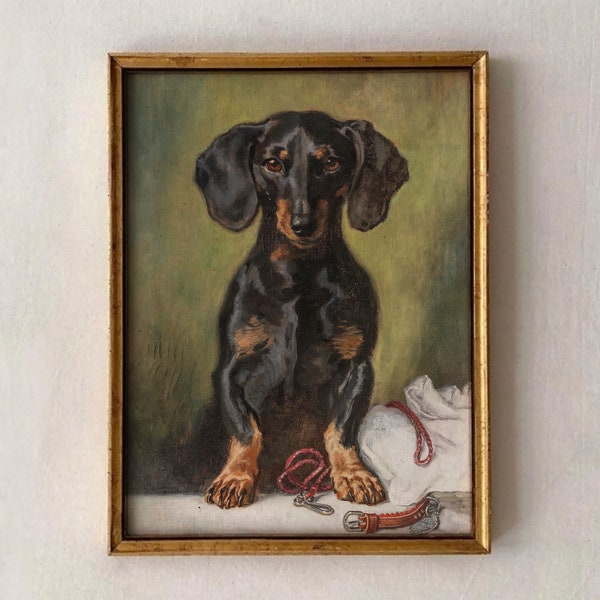 Vintage Dog Painting, Dog Portrait, Vintage Dachshund Painting, Antique Pet Portrait Oil Painting, Puppy Wall Art, British Whimsical Print