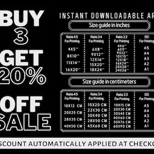 May include: Black and white graphic with the text "BUY 3 GET 20% OFF SALE".  A table shows the different sizes available for instant downloadable art in inches and centimeters.