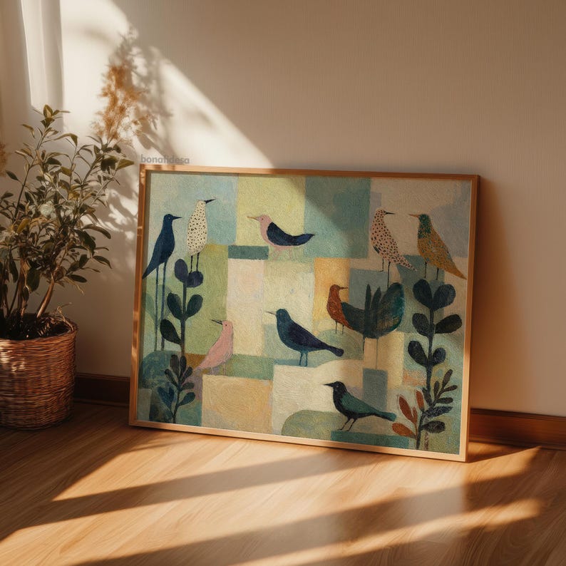 May include: A framed artwork featuring a colorful, whimsical illustration of various birds. The birds are depicted in a variety of colors, including blue, pink, and brown, and are set against a geometric background of green, yellow, and blue squares.