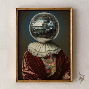 Retro Disco Ball, Victorian Decor, Disco Wall Art, Feminine Bedroom Art, Portrait Of a Woman, Funny Altered Art, Moody Portrait Print