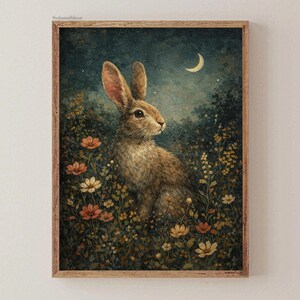 May include: A framed art print featuring a brown rabbit in a field of flowers under a night sky with a crescent moon. The artwork has a vintage, painterly style with soft colors and detailed textures. The rabbit is the focal point.