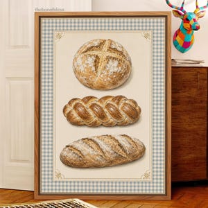 Kunstdruck mit Brotmotiv, Wandbild im Cottagecore-Stil mit Bäckereimotiv, Küchendekoration in Blau-Weiß-Karo