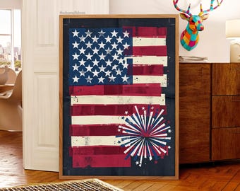 Modern Patriotic Flag Print Fourth of July Americana Fireworks Wall Art