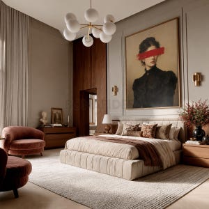Può includere: Una camera da letto con un grande letto con biancheria beige, un copriletto marrone e cuscini fantasia. Un ritratto incorniciato di una persona con una pennellata rossa sugli occhi è appeso alla parete. Presenti un lampadario, due poltrone e mobili in legno.
