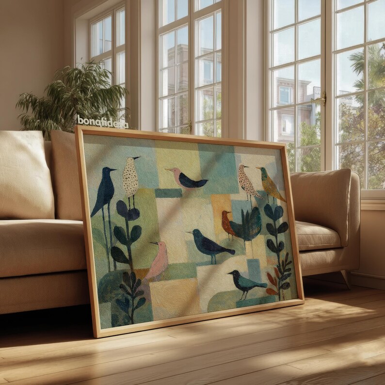 May include: A framed artwork featuring a colorful illustration of various birds. The birds are depicted in different colors and patterns, set against a backdrop of geometric shapes and foliage. The frame is made of light-colored wood, and the artwork is displayed indoors.