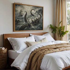 May include: A framed artwork depicting a nautical scene with a ship and a giant octopus attacking a boat. The artwork is in a wooden frame and hangs above a bed with white bedding and a brown quilted blanket. The room has a neutral color palette.